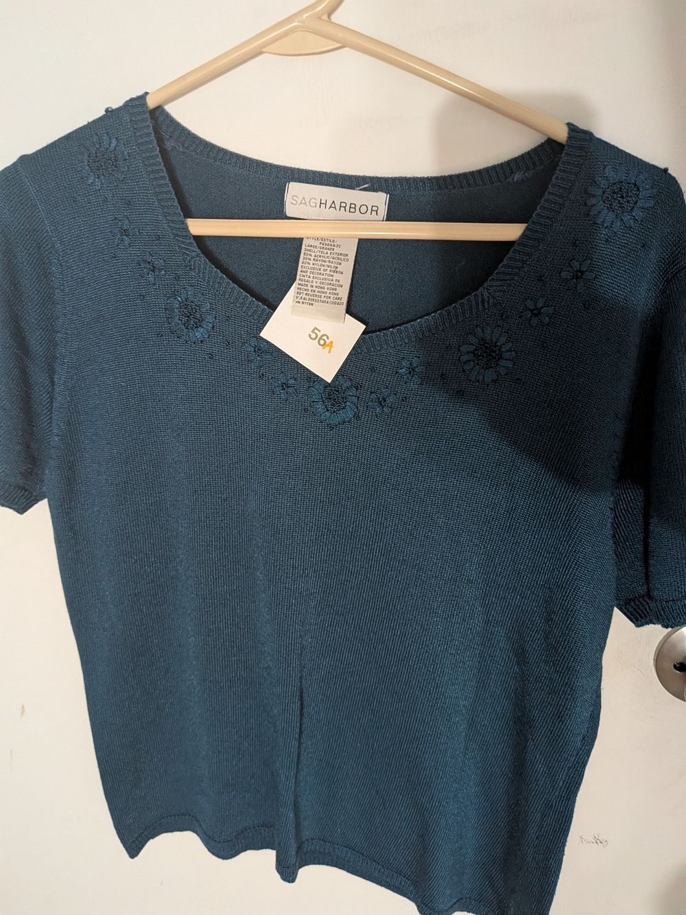 Sag Harbor Teal Short Sleeve Knit Top with Floral Embroidered Neckline